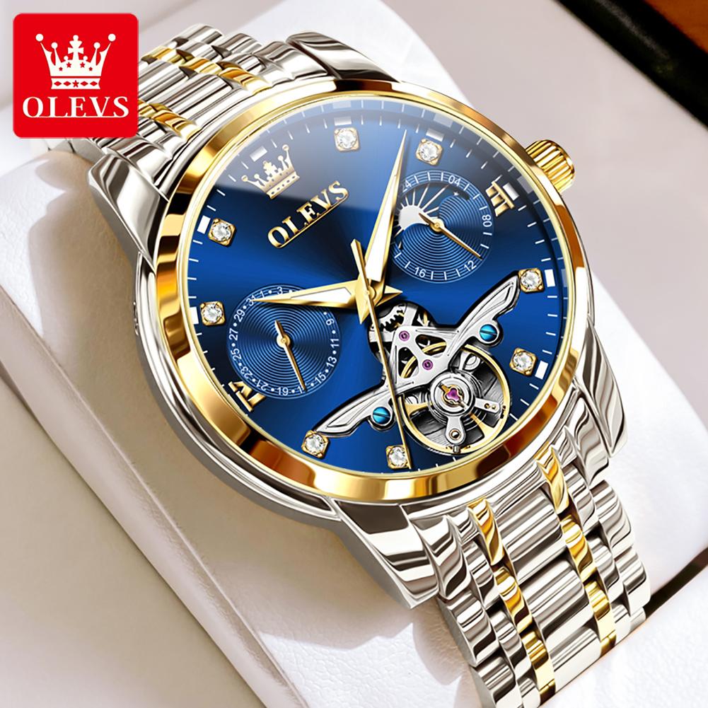 OLEVS Men's Watches Top Brand Luxury Fashion Original Automatic Mechanical Wristwatch Hollow Out Flywheel Movement Moon Phase