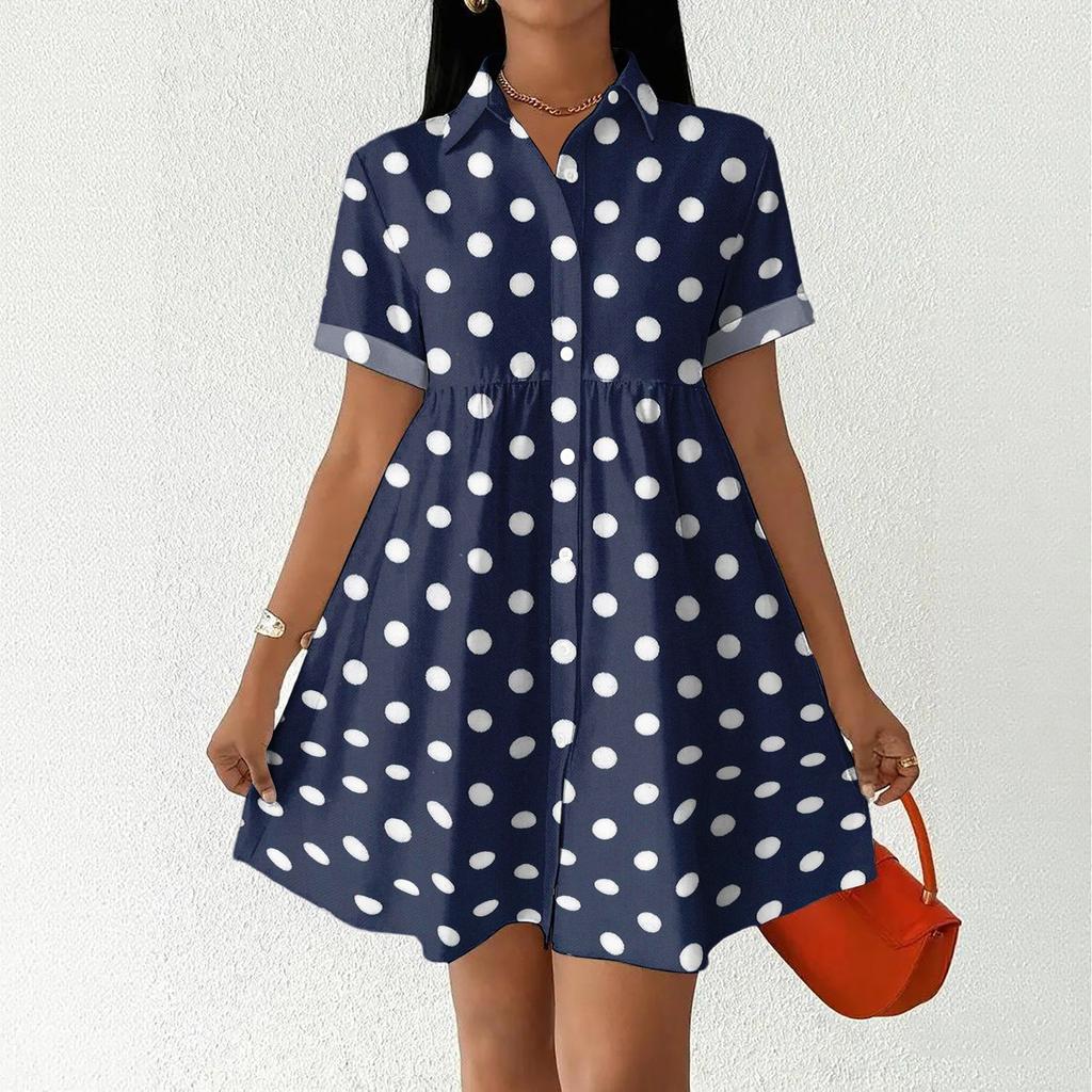 Women Casual Loose Shirt Dress Button Up Stand Collar Short Sleeve Printed Mini Dress Lightweight Tunic Dress