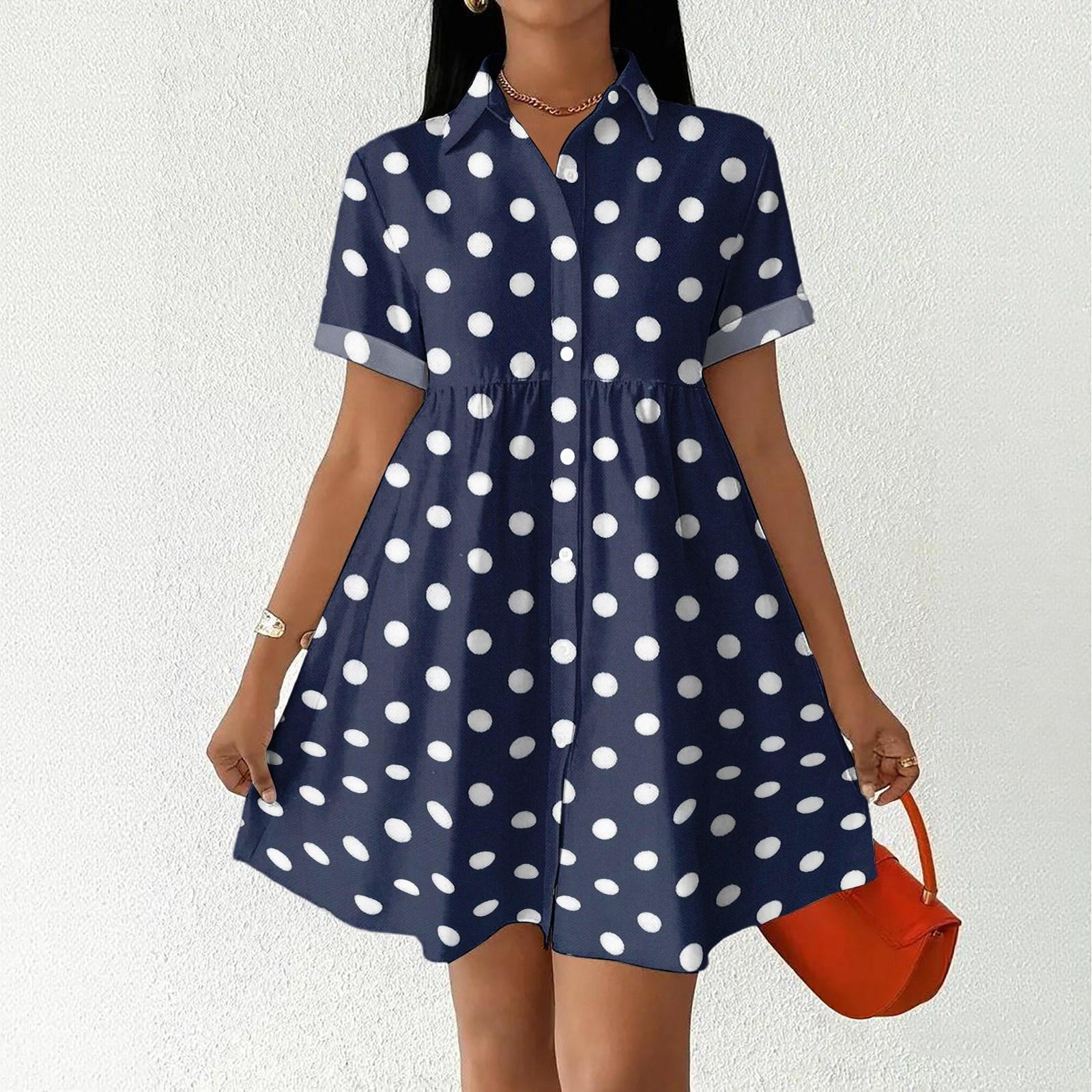 

Women Casual Loose Shirt Dress Button Up Stand Collar Short Sleeve Printed Mini Dress Lightweight Tunic Dress M тёмно-синий