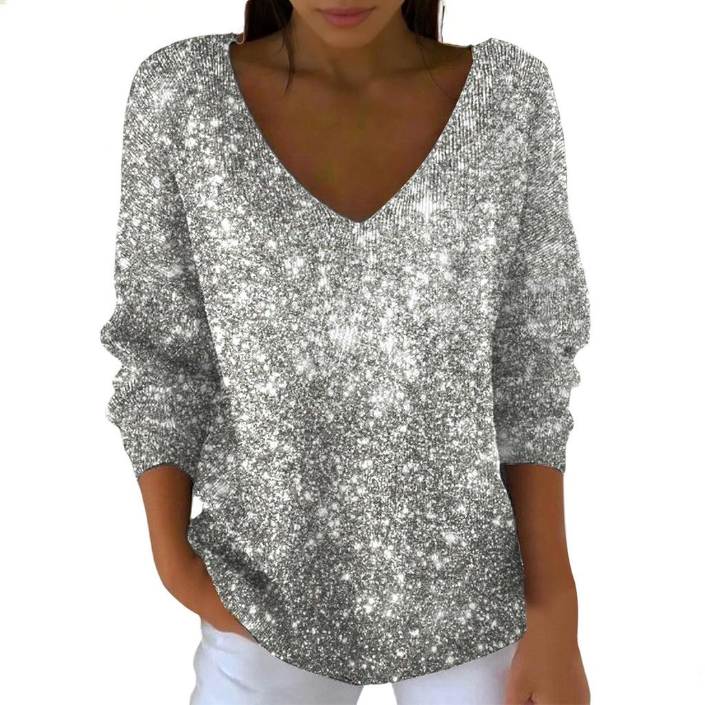 Women's Casual Daily Long-Sleeved V-Neck Faux Sweater Knitted Pullover Top With Sequins