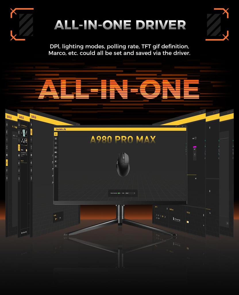 DAREU A980PROMAX Gaming Mouse with Wired 4K TFT 30000 3 Side 4000Hz Technical Standards Certification Certified 8K/Wireless Screen, DPI, Buttons, 2.4G