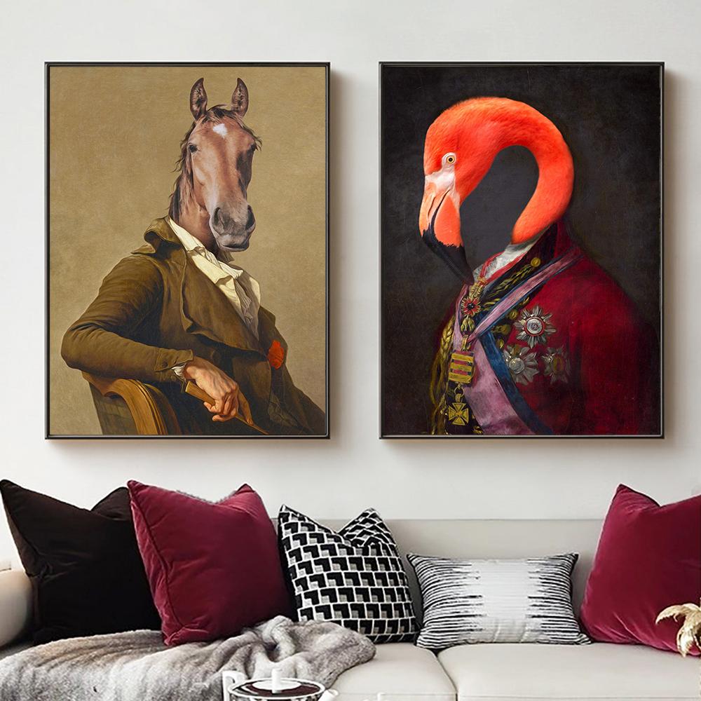 Engraçado Renascimento Retrato Pintura Tela Impressão Pôster Arte de Parede Cabeça de Animal Corpo Humano Imagem para Sala de Estar Decoração de Casa