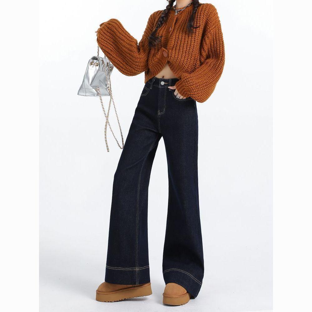 Women s Dark Blue Wide-Leg Jeans, Plus Size, Velvet-Lined, Slimming Straight Leg for Pear Shape, Autumn/Winter Collection L