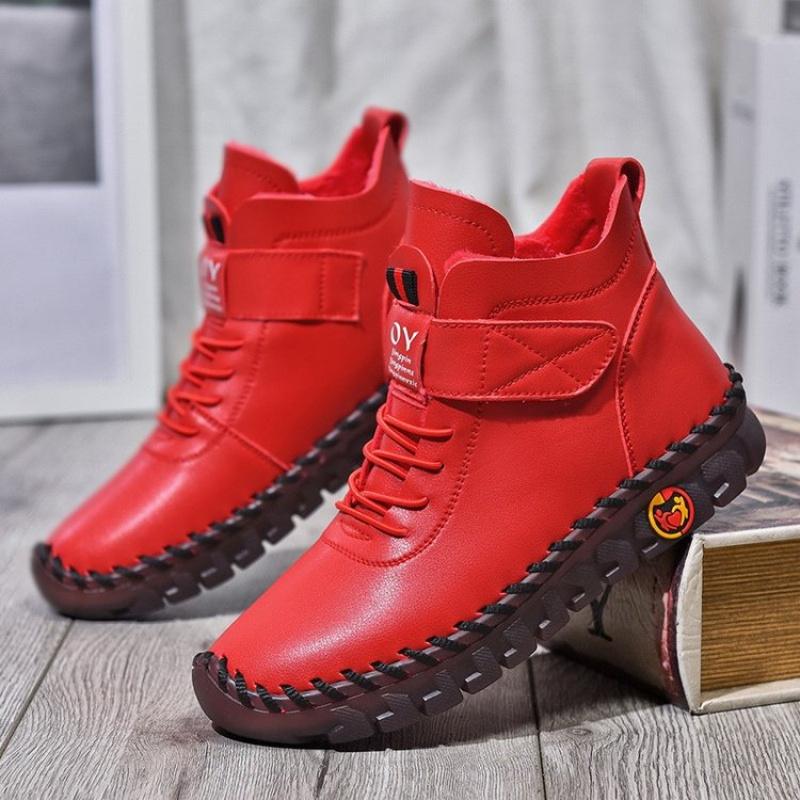 Warme Winter-Fleece gefütterte kurze Stiefel für Damen Britischer Stil Modisch Vielseitig Klettverschluss Lässig High-Top Baumwollstiefel Übergröße