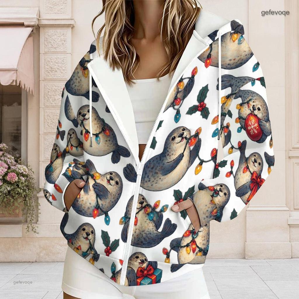 Women Plus Size Zip Up Hoodie Long Sleeve Drawstring Hood Pockets Christmas Hedgehog Print White