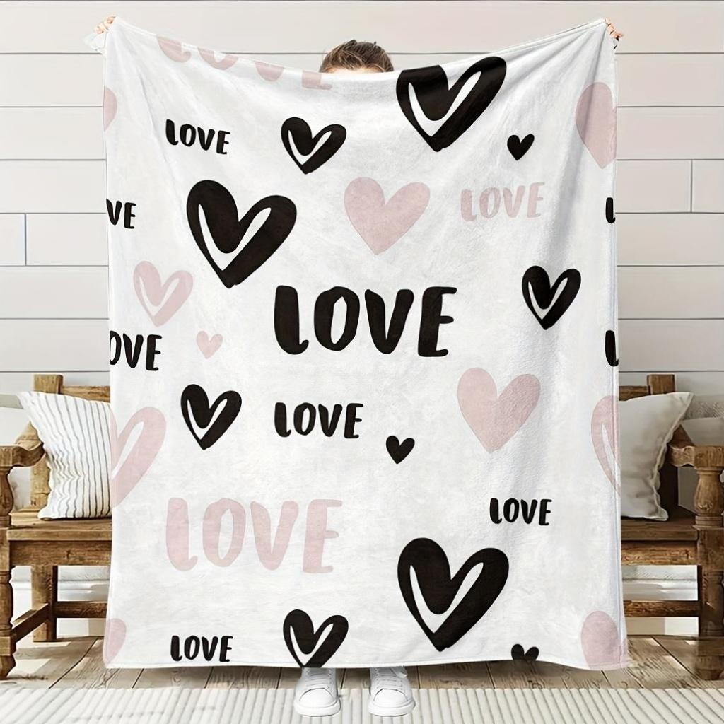 pc Scandinavian Love Hearts Throw Blanket Soft Pink Black Heart Pattern with White Background AllSeason Cozy Fleece Bedsp