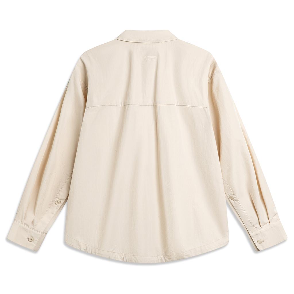 Li Ning Plain Single-Breasted Point Collar Long Sleeve Shirt Women Shirts Oatmeal-Gray ASHU460-3