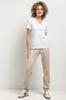 Fitted V-neck blouse T394 white and beige stripes XS