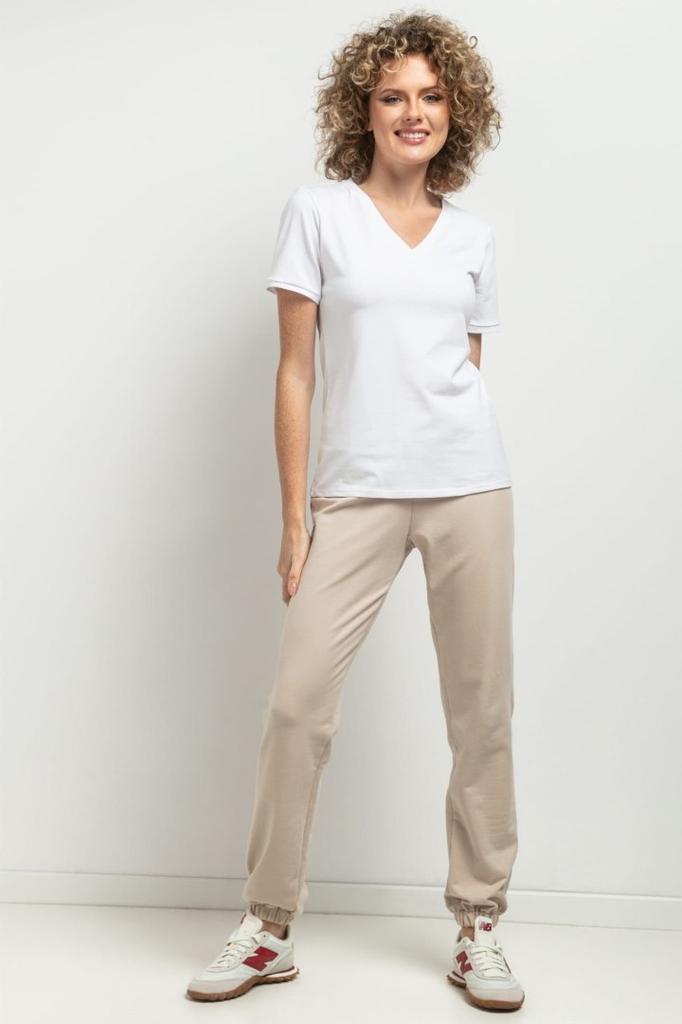 Fitted V-neck blouse T394 white and beige stripes XS