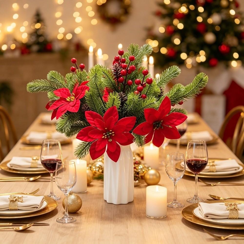 Green Pine Leaves Christmas Pine Branches Red Berry Artificial Plant Home Decoration