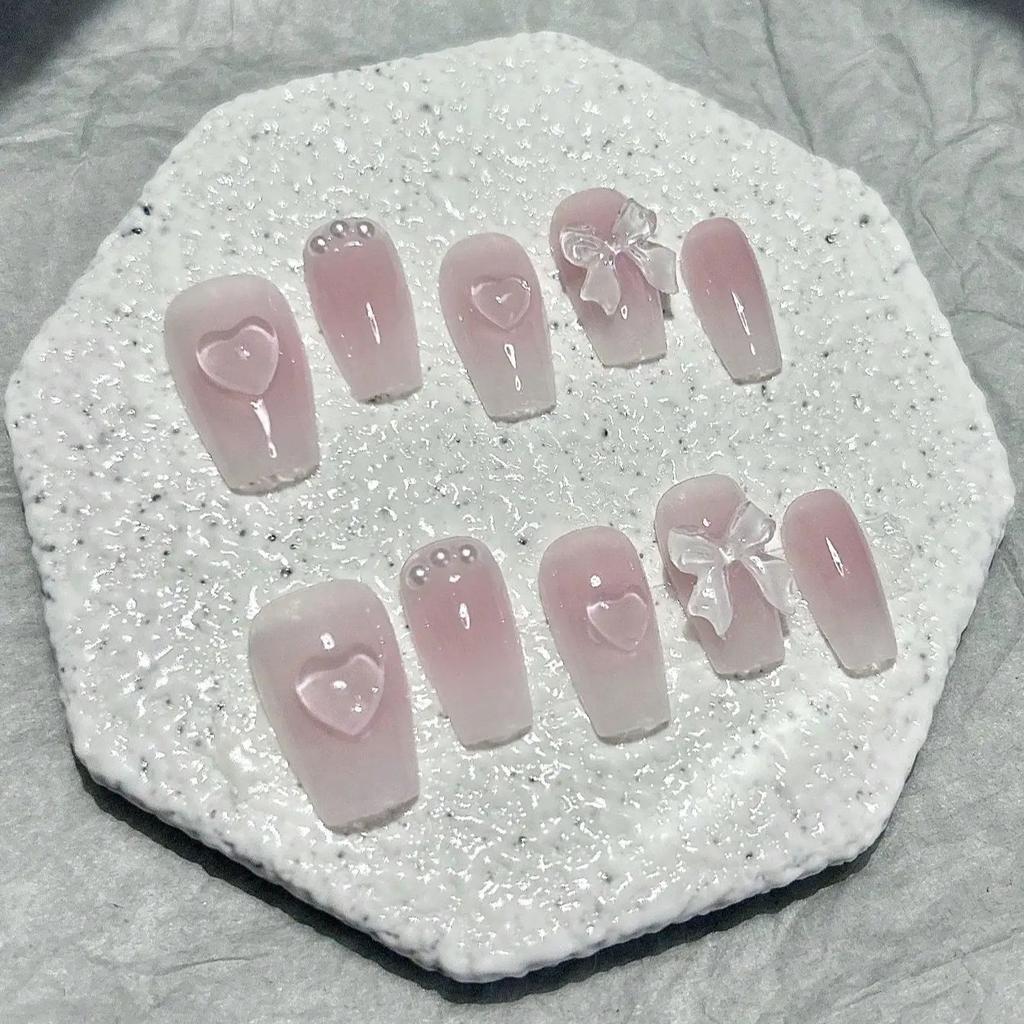10Pcs Handmade Short Square Press On Nails, Pink Blush Gradient with 3D Heart & Bow Fake Nails for Sweet Girls