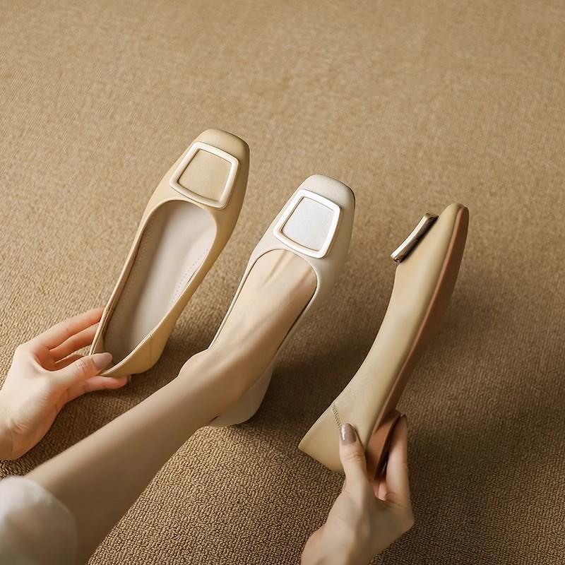 Soft Leather Flat-soled Single Shoes Women's Summer New Square Head Two Wear Versatile Ladyshoes Shallow Mouth Soft Sole One Pedal Work Shoes