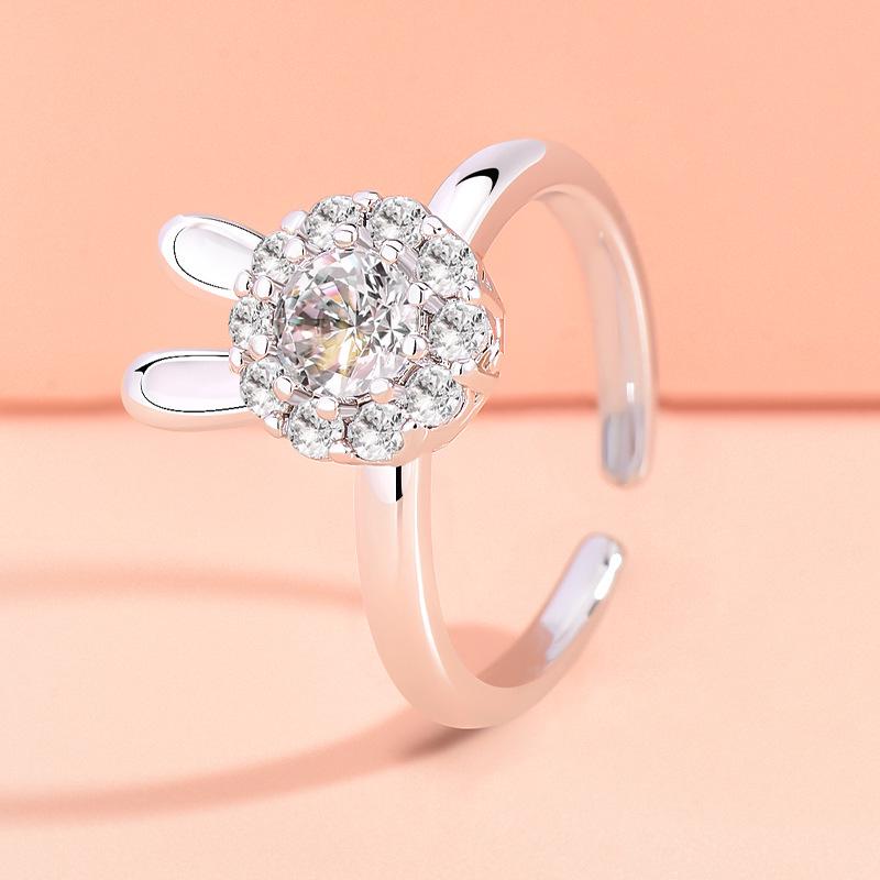 Douyin Women's Cute Rabbit Zirconia Rotatable Open Ring - Light Luxury Niche Design for Index Finger