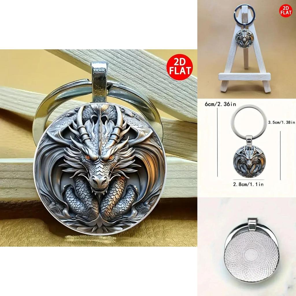 Silver Dragon Head Keyring Alloy Circular Souvenir For Special Occasions And Gifts