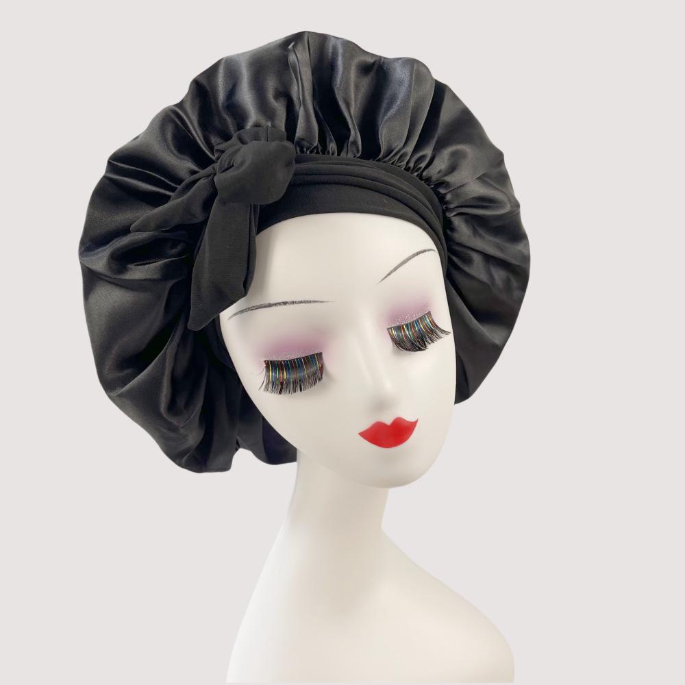 Silk Satin Sleep Cap with Ribbon Bow for Women - Elastic Wide Brim Bath Headscarf Hat for Hair Care