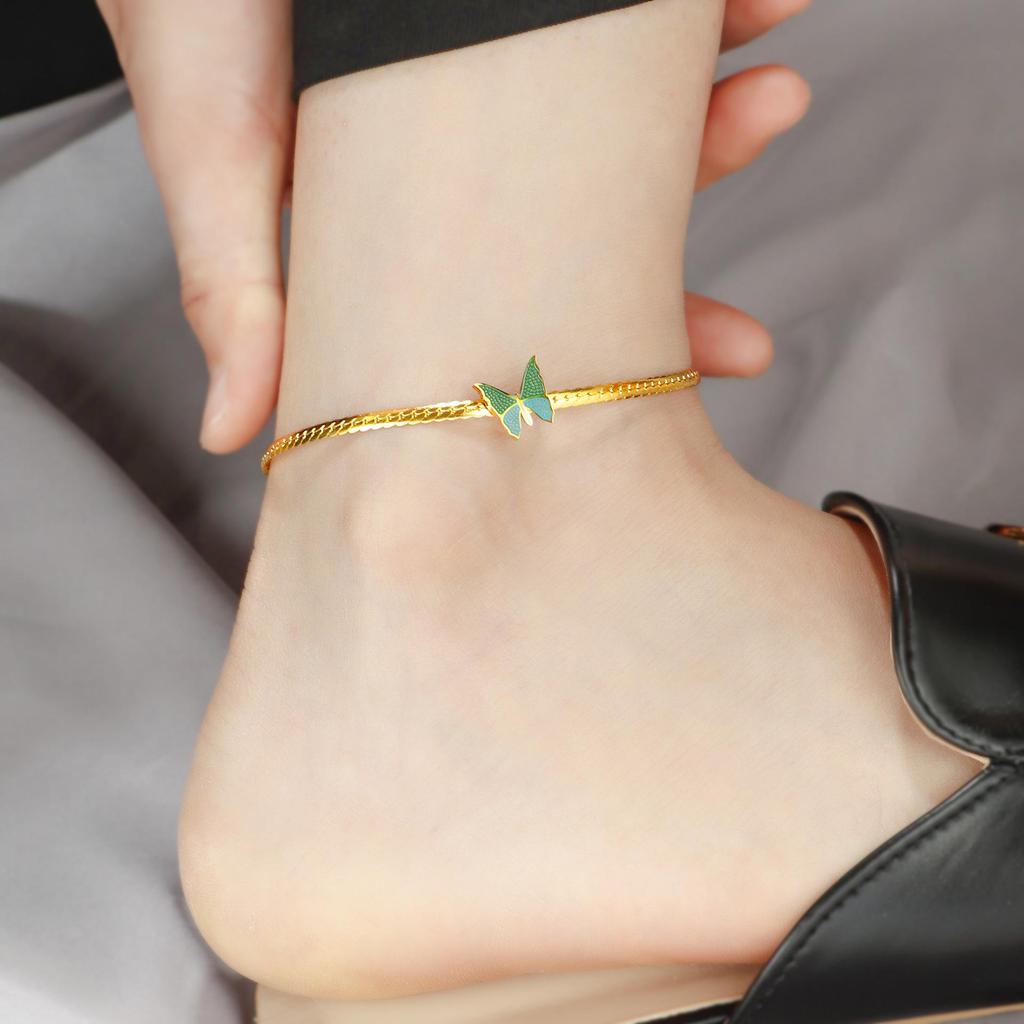 High-Quality Retro Green Butterfly Titanium Steel Anklet with 18K Gold Plating - Fashionable and Elegant Design for Women