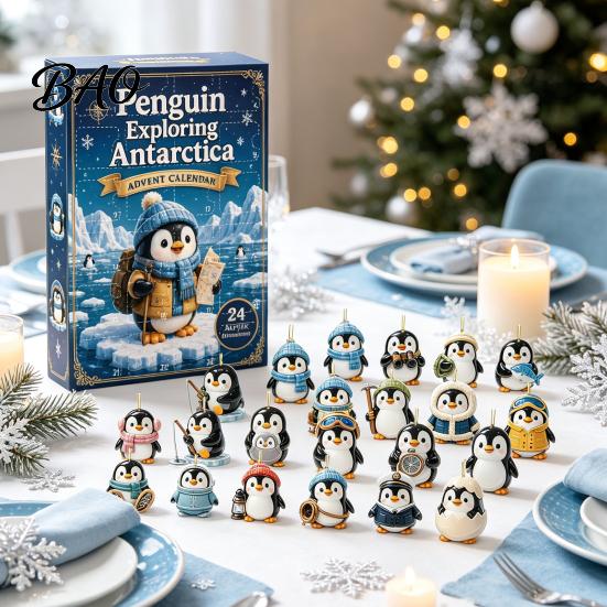 Countdown to Christmas Antarctic Penguin Advent Calendar, 24-Day Winter Box with Cute Festive Home Ornament Explorer Ornaments, 2D Acrylic Hanging