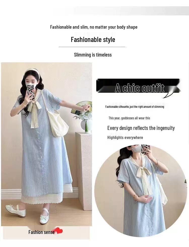 2026 Summer Korean-Style Maternity Dress: Single-Breasted, Lace Patchwork, Bowknot Design, Faux Two-Piece