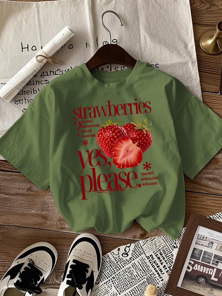 Strawberries Fruit Yes Please Printed Tee Shirts Woman Cotton Crewneck T Shirt Sport All-Match Streetwear Casual Loose Clothes