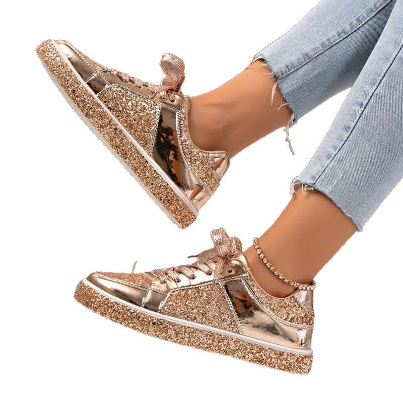 Unisex Glitter Sneakers, Lace-Up Low Cut Flats, Size 43 Casual Shoes for Women