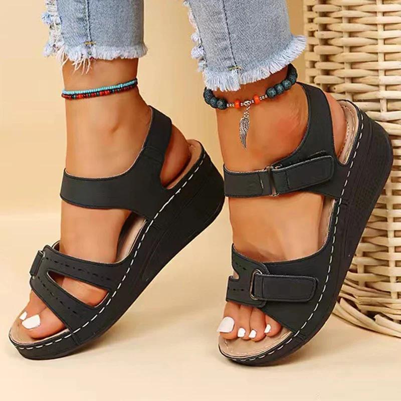 Fashion Classics Red Hook Loop Women Wedges Sandals PU Women's Thick Platform Sandalias Summer Lightweight Comfort Beach Shoes