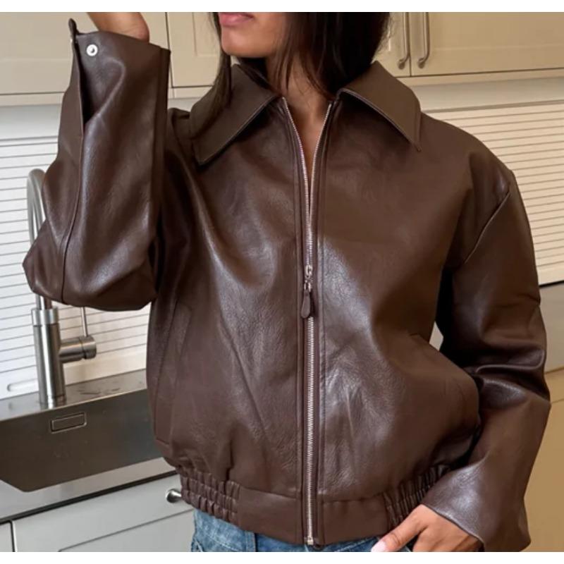 Women's Solid Color Faux Leather Zip-Up Bomber Jacket