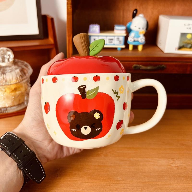 

Высокоценная кружка Apple Bear с крышкой, рождественская керамическая кружка, мультяшная милая кофейная кружка, сувенир 420ml