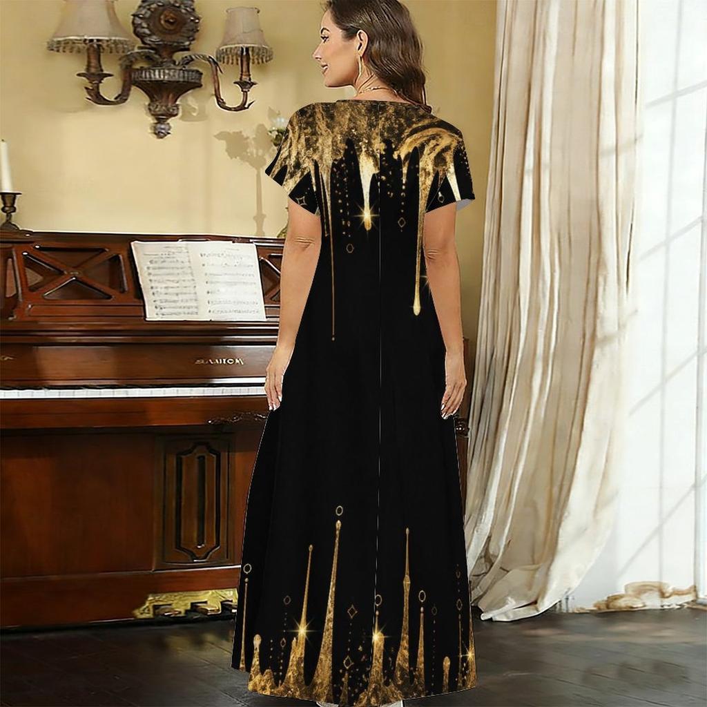 Women Plus Size V Neck Short Sleeve Black Gold Printed Long Straight Maxi Dress
