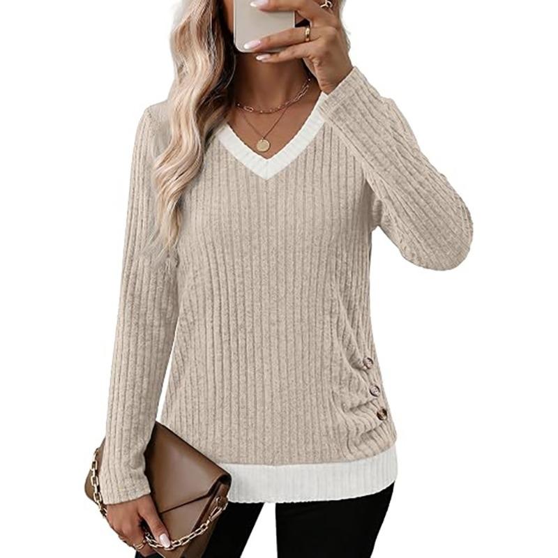 TIFICY Women's Fashion Casual Spring Autumn Solid Color Print Long Sleeve V-Neck Blouses & Shirts