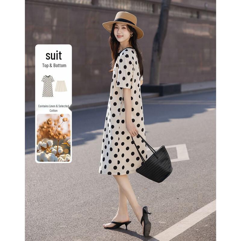 Demana Women s Elegant Linen Blend Polka Dot Summer Dress L