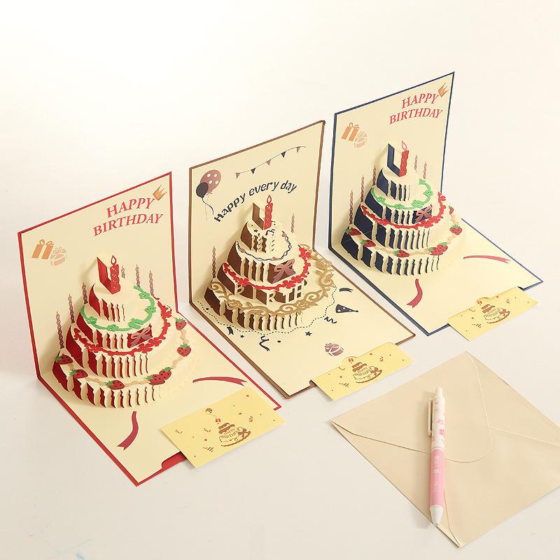 Foldable 3D Cake Birthday Card Ins Style Colorful Birthday Card Blessings and Thanks Gift Card