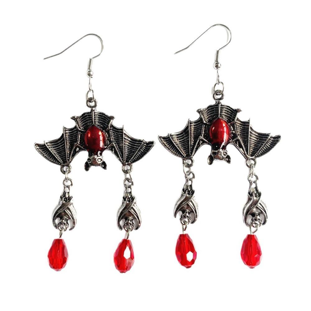 Exaggerated Retro Vampire Bat Red Teardrop-shaped Pendant Dangle Earrings for Women Gothic Alternative Halloween Party Jewelry