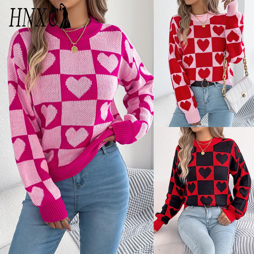 HNXC Autumn and Winter Color-blocking Checkered Heart-shaped Lantern Sleeve Pullover Sweater for Valentine's Day Women's Wear