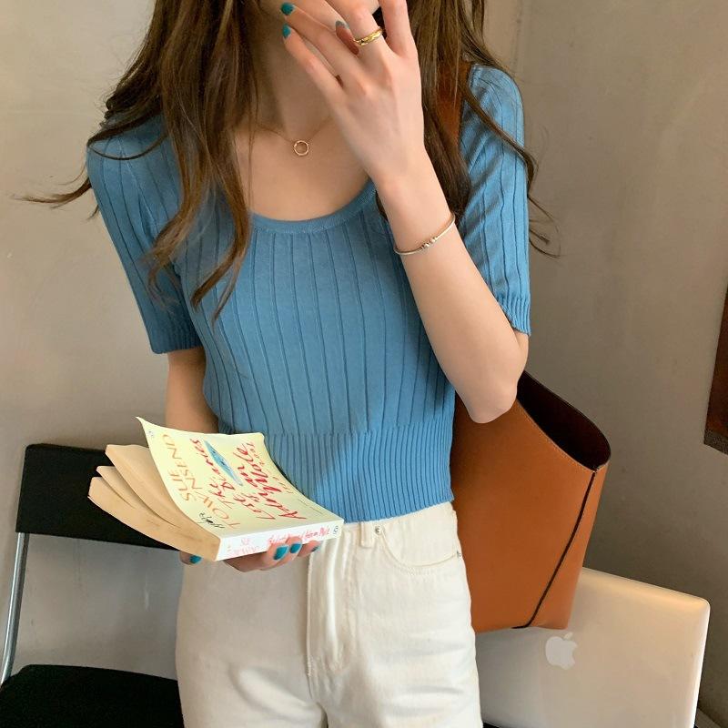 French Waist Top Summer Women's New U Neck Thin Ice Silk Knit Short Sleeve T-shirt Square Neck Short Shirt