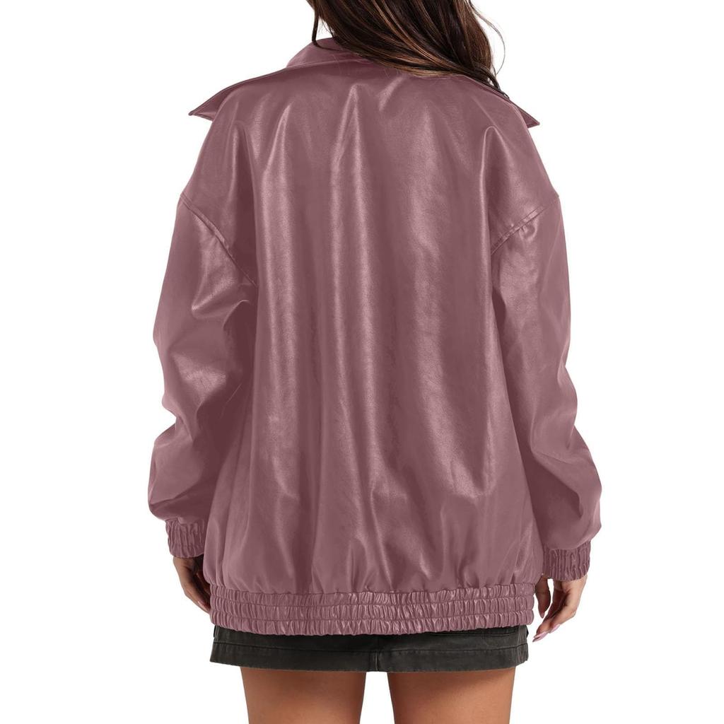 Women's Fashion Leather Jacket, Long-Sleeved, Lapel, Zipper, Side Pockets, Casual Windbreaker Coat