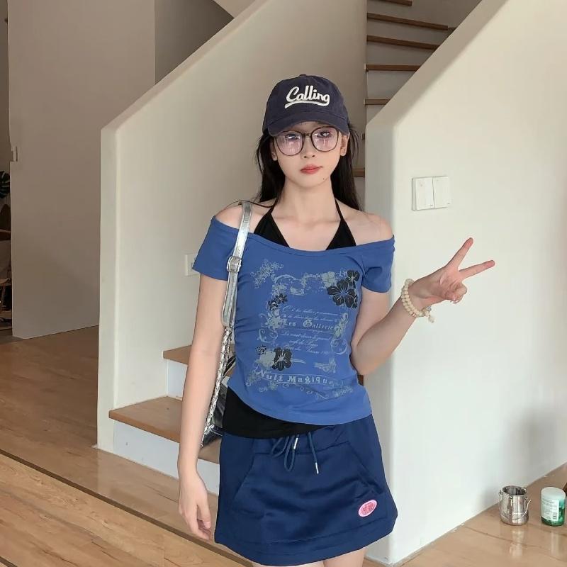 TrendHub Subkultur Damenbekleidung Y2K Punk T-Shirts Amerikanischer Vintage Süß Sexy Kurze Damenbekleidung Grün Sommer Lässig Beliebte Oberteile