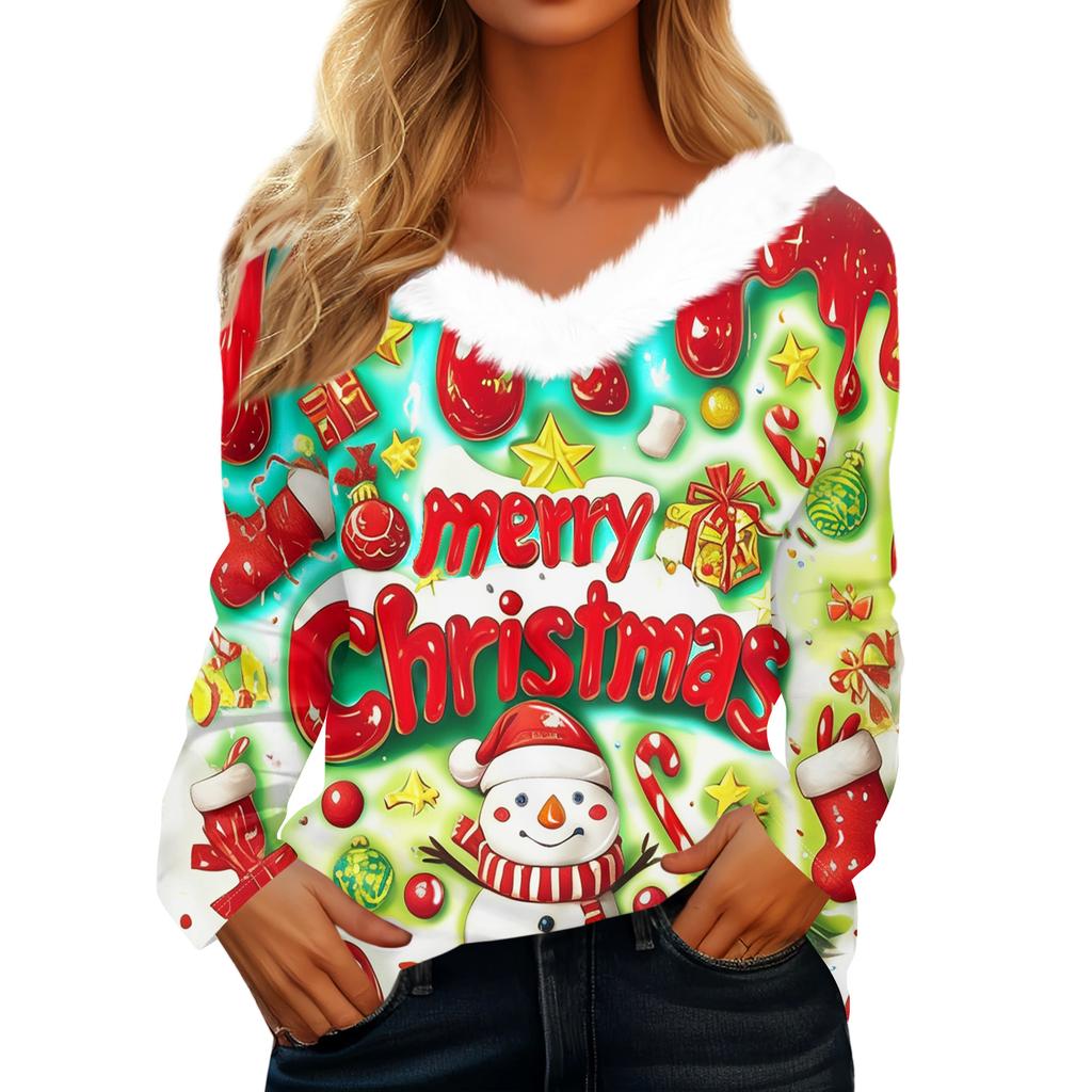 Women's Christmas Printed Long Sleeved Party Plush Neck V-neck Top