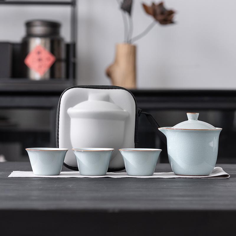 Light luxury Ru kiln open travel tea set outdoor portable one pot three cups high-end business practical