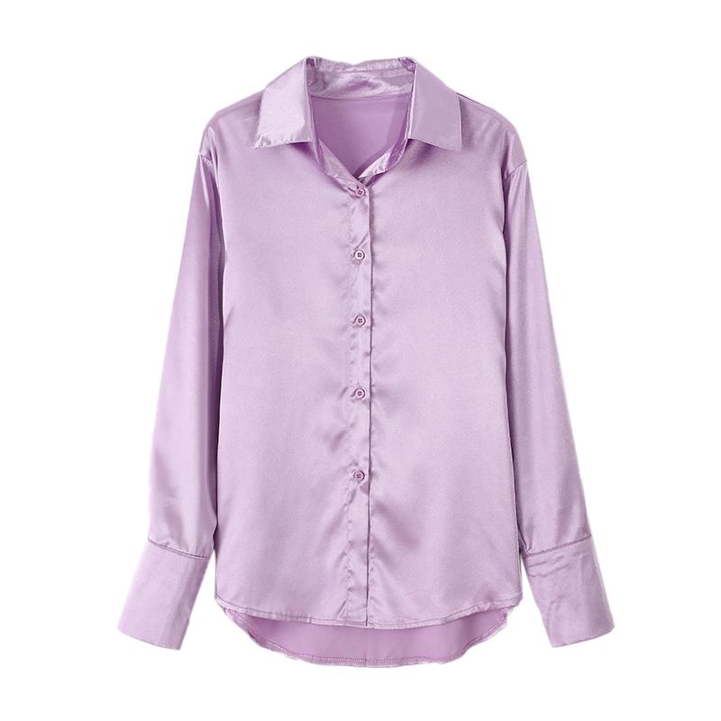 Damen 2023 Elegant Satin Einfarbig Langarm Blusen Damen Chic Vintage Blau Grün Lässig Locker Sitzend Knöpfe Hemden Oberteile