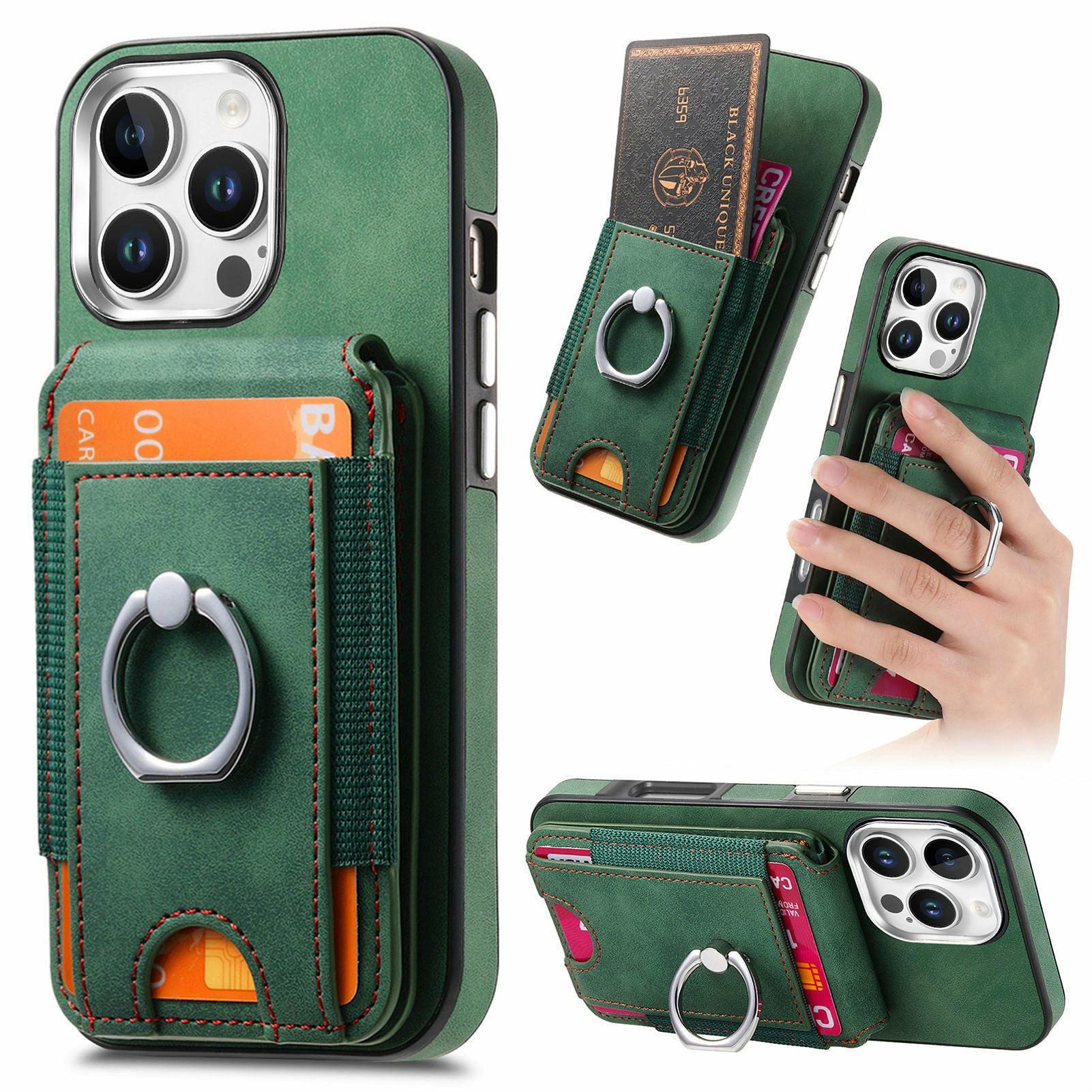 

For iPhone 16 Pro Max Case Skin-Touch Texture Vertical Flip Card Holder Phone Cover with Ring Holder Kickstand Green