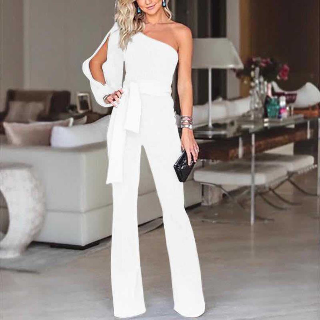 Women's One Shoulder High Waist Tie Solid  Long Sleeve Slim Sexy Jumpsuit