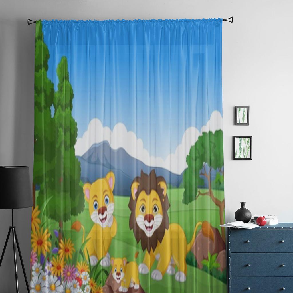 Lustiger Löwe-Cartoon im Dschungel, Tüllvorhänge für Wohnzimmer, Küche, Fenster, Vorhänge, Heimdekoration, transparenter Vorhang für Kinderschlafzimmer