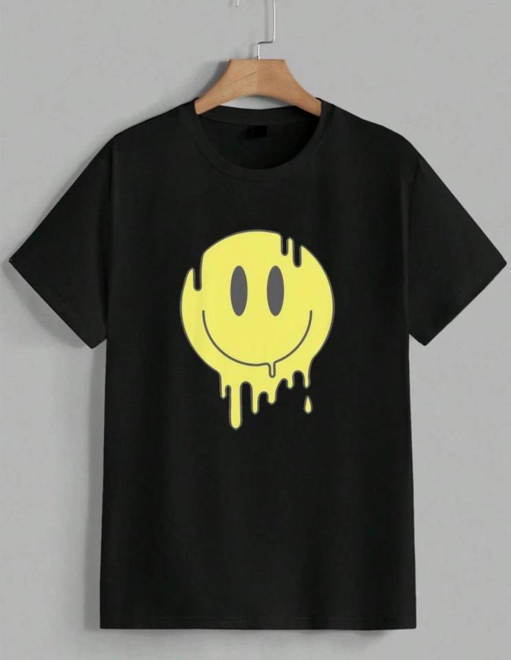 Melting Smiley Face T-Shirt Drippy Smile Graphic Tee Streetwear Retro Unisex 2 4XL