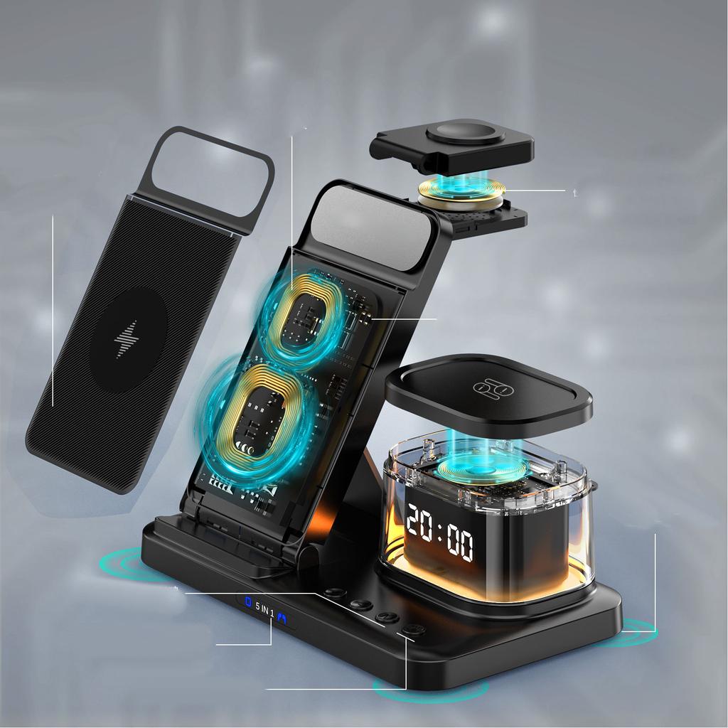 5 In 1 Charging Station Clock Night Light Function Portable Wireless Charger for Mobile Phone Watch