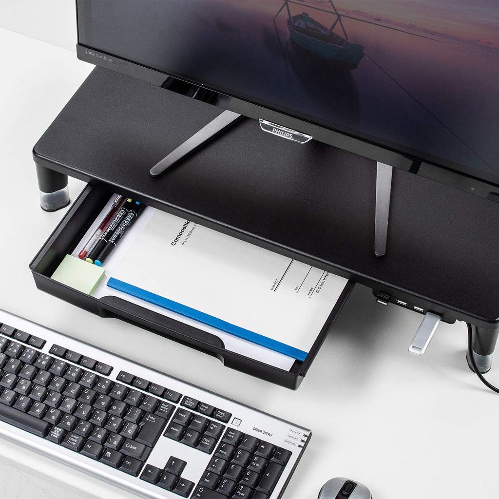 SANWA SUPPLY Desk Rack X with 4 USB Hubs and Height Black (W590 D240mm) Drawer, 2-Stage Adjustment, MR-LC805BK