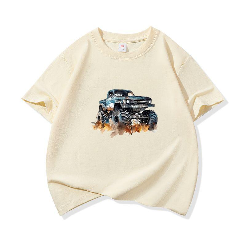 Kids Cotton T Shirt Trendy Watercolor Offroad Car Print Crew Neck Short Sleeve Tee Casual Boys Girls Summer Tops