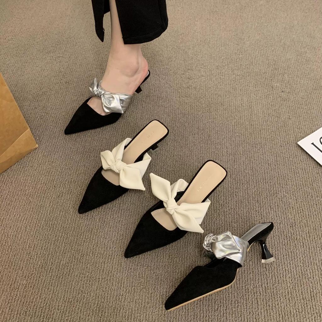 New Summer Women Pointed Toe High Heels Sandals Bowknot Flower Woman Shoes Slingback Woman Slippers