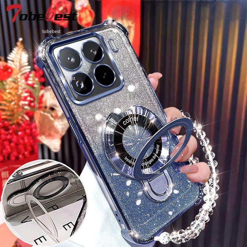 Glitter Plating Shockproof Case For Xiaomi 15 14 Ultra 14T 13 12 12S Pro Fundas Magnetic Holder Bracelet Cover