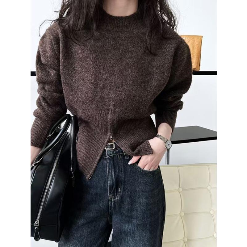 

Autumn Round Neck Zipper Design Long Sleeved Knitted Sweater Loose Solid Color Casual Fashion Office Pullover Women Sweaters Female Clothing One size