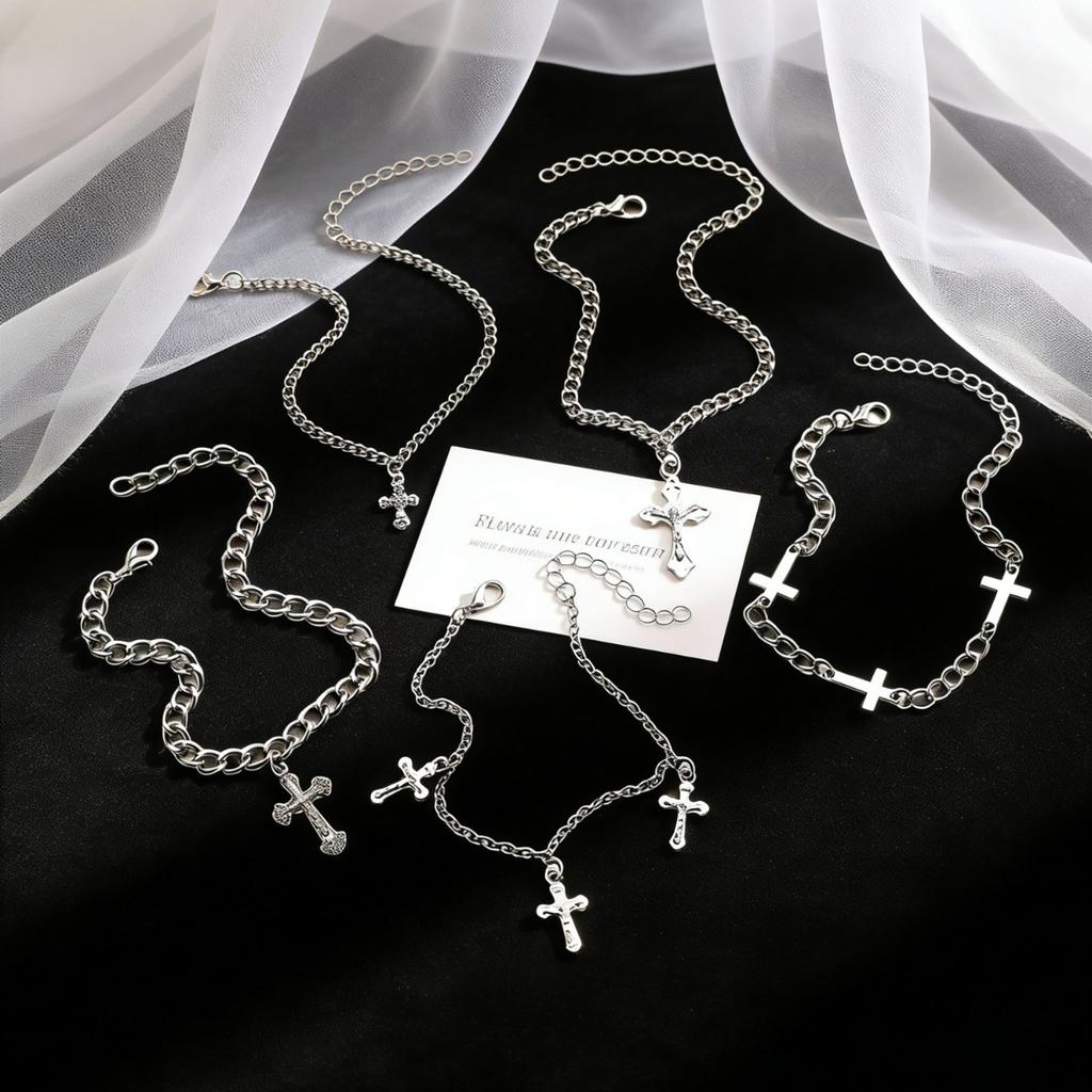 Multi Layer Cross Charm Chain Bracelet Set Gothic Religious Stackable Bracelets for Women